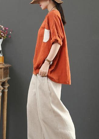 Elegant orange linen shirts women o neck pockets Plus Size Clothing summer top - SooLinen