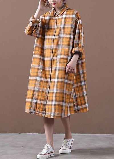 Elegant orange plaid Robes lapel Cinched loose spring Dress - SooLinen