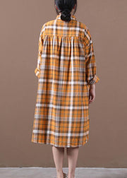 Elegant orange plaid Robes lapel Cinched loose spring Dress - SooLinen