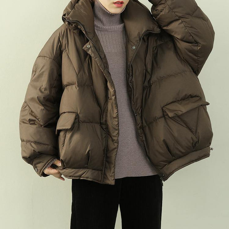 Elegant oversize snow jackets winter outwear chocolate stand collar zippered down coat - SooLinen