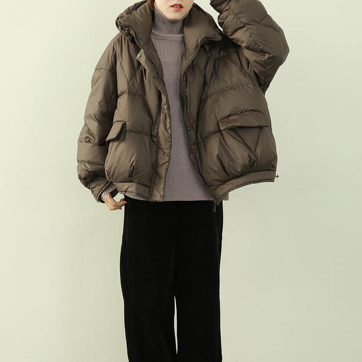 Elegant oversize snow jackets winter outwear chocolate stand collar zippered down coat - SooLinen