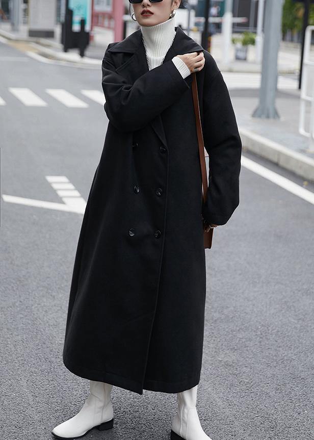 Elegant oversized Coats outwear black Notched double breast woolen overcoat - SooLinen