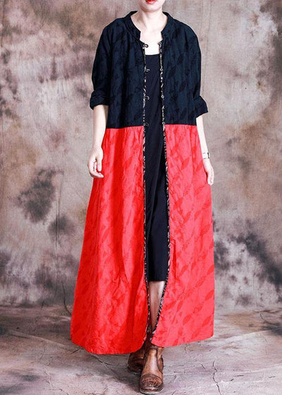 Elegant oversized long coat fall black patchwork red Jacquard pockets overcoat - SooLinen