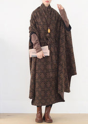 Elegant oversized mid-length coats winter brown Batwing Sleeve v neck woolen outwear - SooLinen