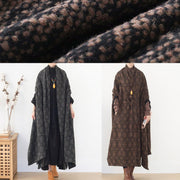 Elegant oversized mid-length coats winter brown Batwing Sleeve v neck woolen outwear - SooLinen