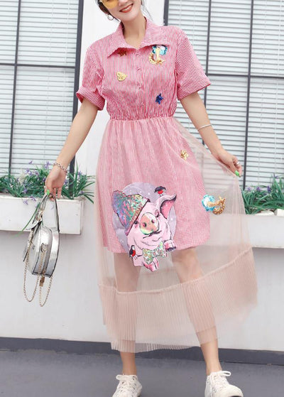 Elegant patchwork tulle cotton quilting clothes Tunic Tops pink plaid Maxi Dresses summer - SooLinen
