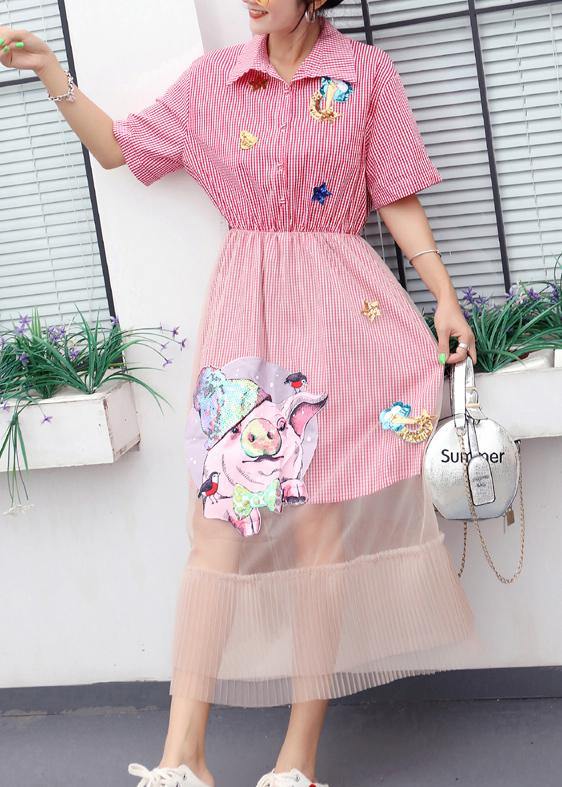 Elegant patchwork tulle cotton quilting clothes Tunic Tops pink plaid Maxi Dresses summer - SooLinen