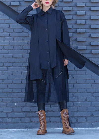 Elegant patchwork tulle cotton tunic pattern Sewing black loose Dress lapel - SooLinen