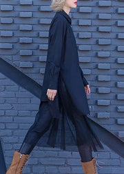 Elegant patchwork tulle cotton tunic pattern Sewing black loose Dress lapel - SooLinen