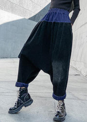 Elegant patchwork wild trousers plus size clothing black Fabrics pockets pants - SooLinen