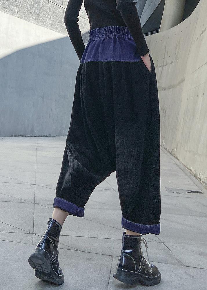 Elegant patchwork wild trousers plus size clothing black Fabrics pockets pants - SooLinen
