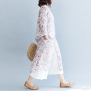 Elegant Pink Print Long Cotton Blend Dresses Trendy Plus Size V Neck Side Open Gown Boutique Three Quarter Sleeve Gown