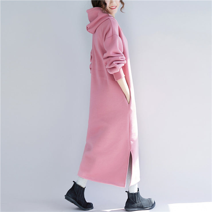 Elegant pink spring dresses plus size hooded traveling clothing side open drawstring long dress