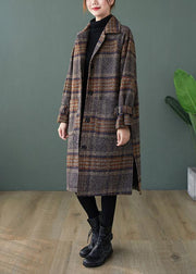 Elegant plaid Fine maxi coat Shape lapel side open coats - SooLinen