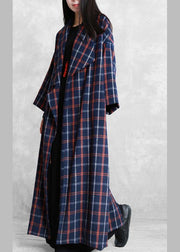Elegant plus size Coats blue plaid Notched tie waist wool coat for woman - SooLinen