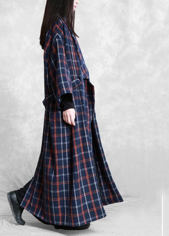 Elegant plus size Coats blue plaid Notched tie waist wool coat for woman - SooLinen