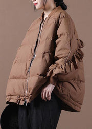 Elegant plus size clothing down jacket overcoat chocolate stand collar Ruffles down jacket - SooLinen