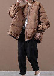 Elegant plus size clothing down jacket overcoat chocolate stand collar Ruffles down jacket - SooLinen