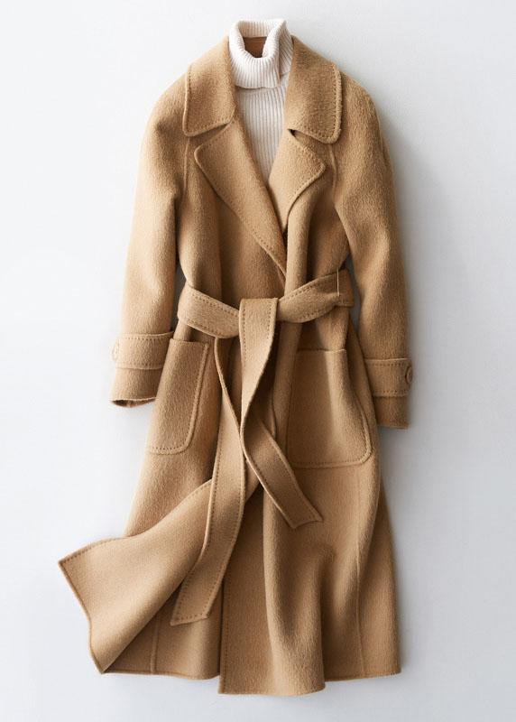Elegant plus size clothing long jackets lapel collar women coats khaki tie waist wool overcoat - SooLinen