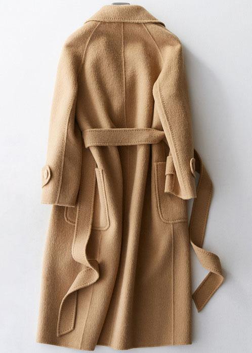 Elegant plus size clothing long jackets lapel collar women coats khaki tie waist wool overcoat - SooLinen