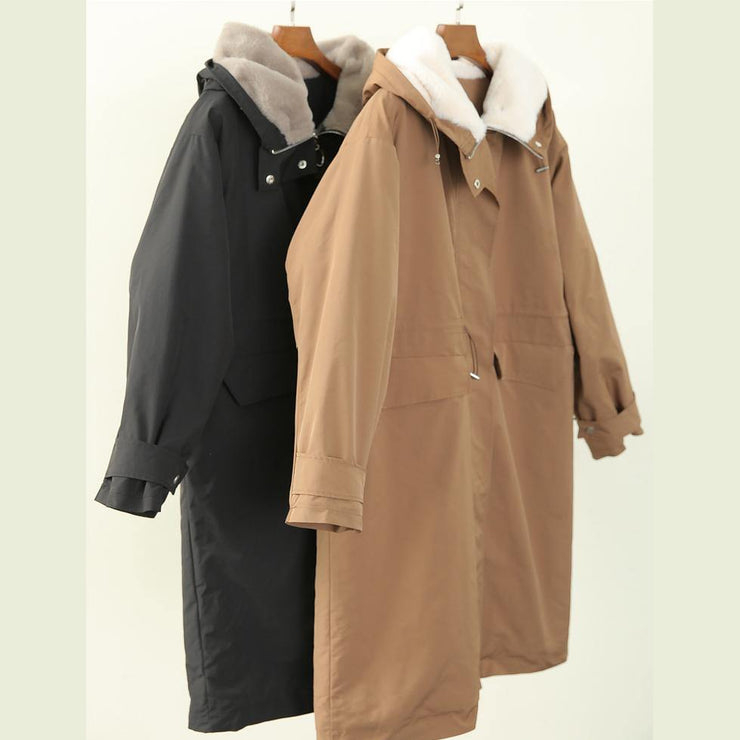 Elegant plus size clothing winter coats black hooded zippered Parkas for women - SooLinen