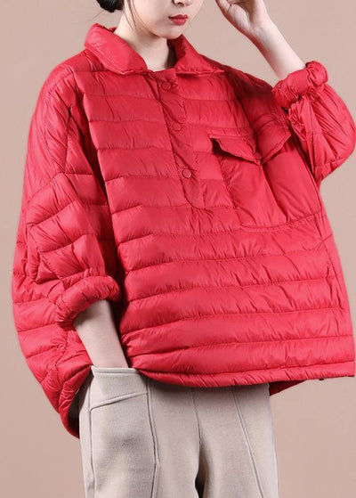 Elegant plus size down jacket overcoat red lapel pockets goose Down coat - SooLinen