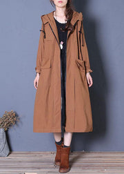 Elegant plus size long fall brown hooded drawstring coats - SooLinen