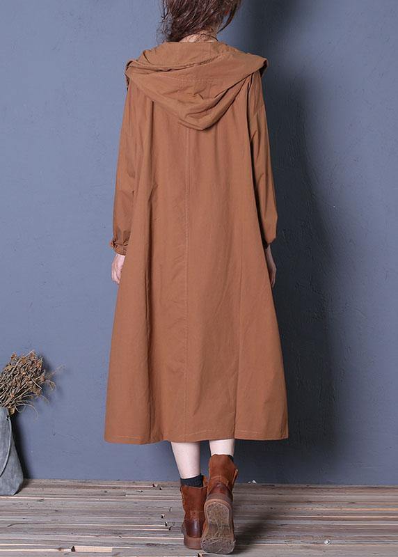 Elegant plus size long fall brown hooded drawstring coats - SooLinen