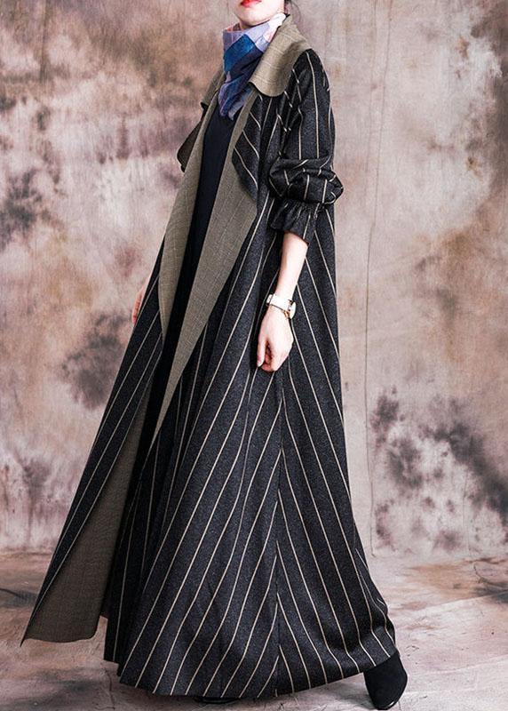 Elegant plus size long fall coat black striped Notched large hem wool overcoat - SooLinen