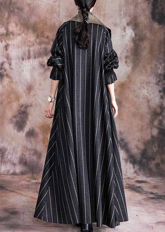 Elegant plus size long fall coat black striped Notched large hem wool overcoat - SooLinen