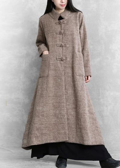 Elegant plus size long jackets women coats khaki stand collar large hem woolen coats - SooLinen