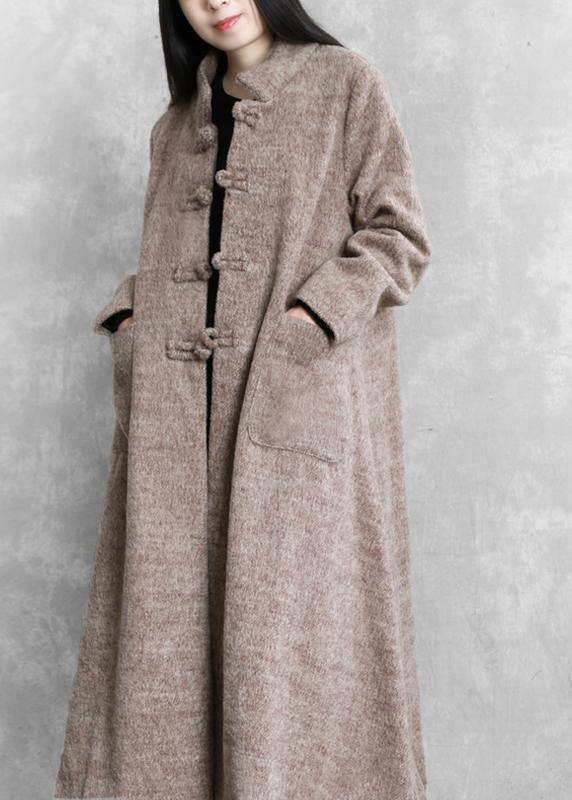 Elegant plus size long jackets women coats khaki stand collar large hem woolen coats - SooLinen