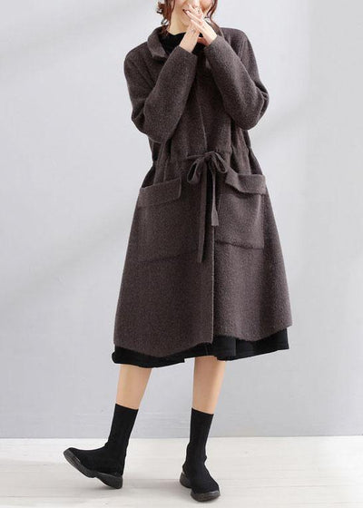 Elegant plus size maxi coat dark gray Square Collar tie waist jackets - SooLinen