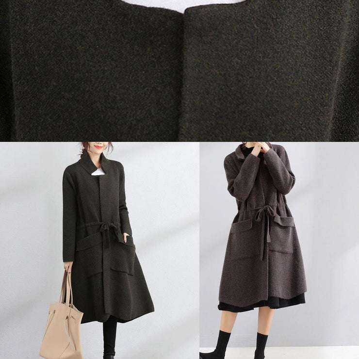 Elegant plus size maxi coat dark gray Square Collar tie waist jackets - SooLinen