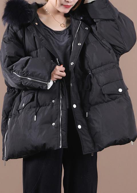 Elegant plus size snow jackets black hooded fur collar warm winter coat - SooLinen