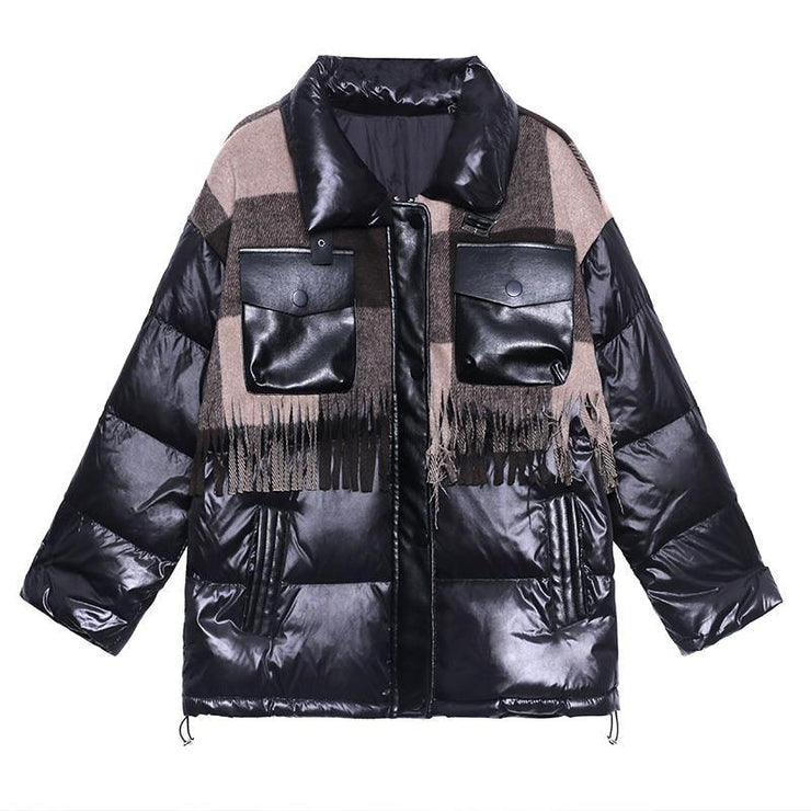 Elegant plus size snow jackets winter coats black patchwork plaid lapel coat - SooLinen