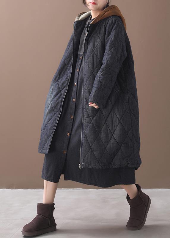 Elegant plus size warm winter coat hooded winter outwear black embroidery casual outfit - SooLinen