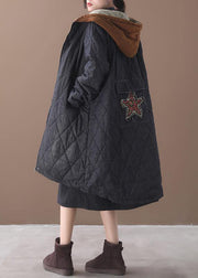 Elegant plus size warm winter coat hooded winter outwear black embroidery casual outfit - SooLinen