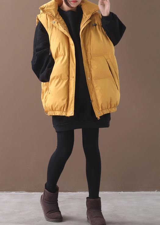 Elegant plus size warm winter coat yellow hooded sleeveless casual outfit - SooLinen