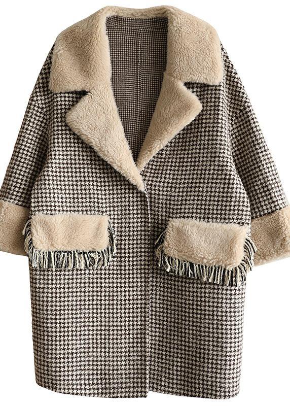 Elegant plus size winter coat patchwork jacket plaid two pockets woolen coats - SooLinen