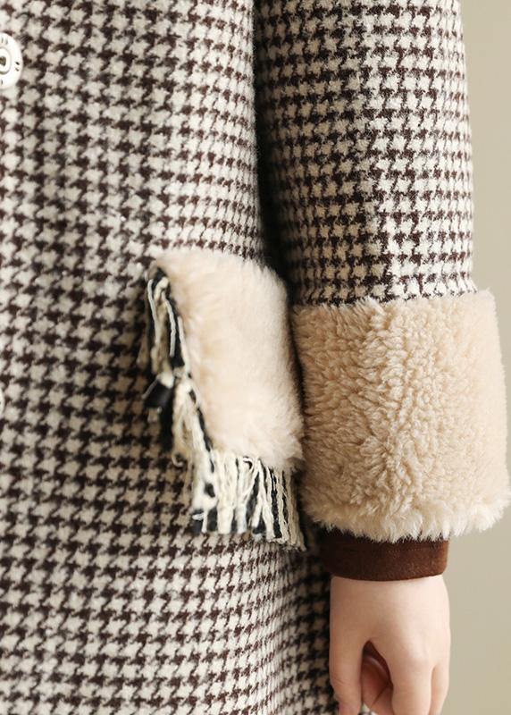 Elegant plus size winter coat patchwork jacket plaid two pockets woolen coats - SooLinen