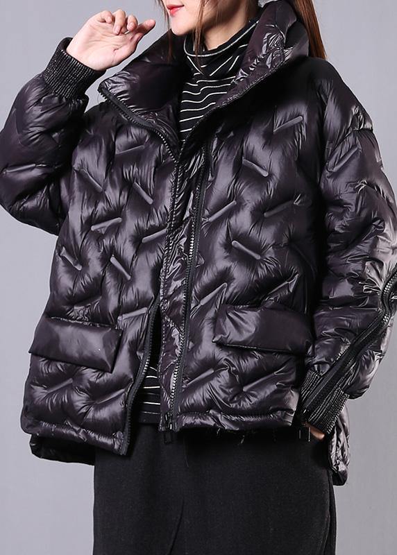 Elegant plus size winter jacket overcoat black stand collar zippered winter outwear - SooLinen