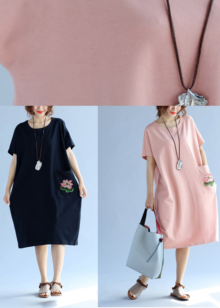 Elegant pockets Cotton clothes For Women black Dress Summer