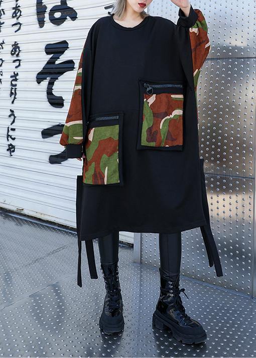 Elegant pockets side open Cotton dresses Shirts black patchwork camouflage Dresses - SooLinen