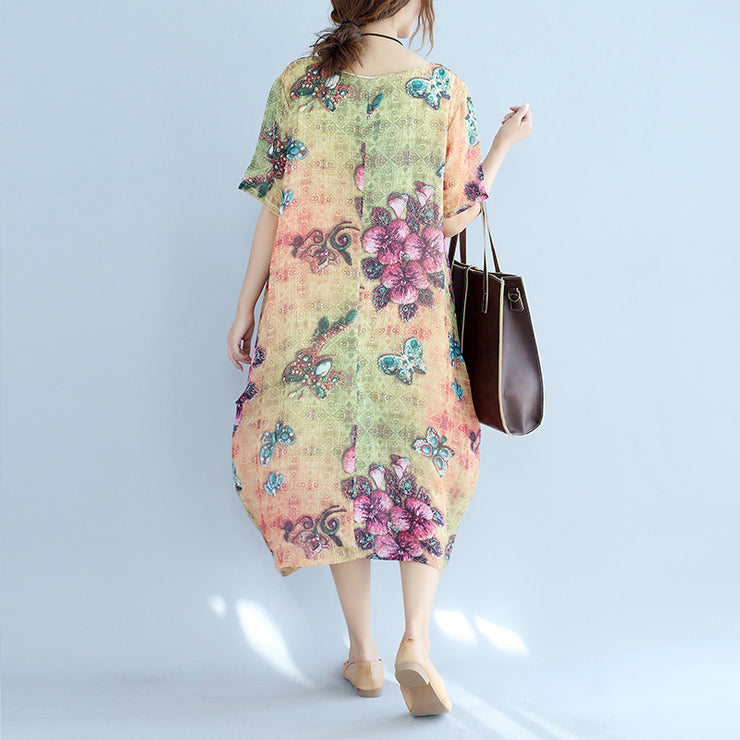 Elegante Drucke, lange Baumwollkleider, übergroßes O-Neck-Baumwollkleid, Vintage-Kurzarm-Reisekleidung