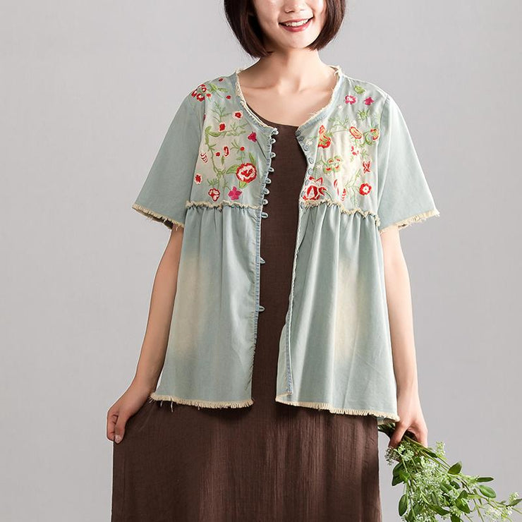 Elegante Bluse aus reiner Baumwolle, modisch, plus Größe, Stickerei, Damen, Sommer, Kurzarm, lässig, locker, Denim-Oberteile