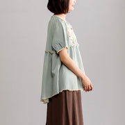 Elegante Bluse aus reiner Baumwolle, modisch, plus Größe, Stickerei, Damen, Sommer, Kurzarm, lässig, locker, Denim-Oberteile