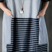 Elegant pure cotton dresses oversized Large Pockets Stripe Cotton Thin Summer Women Dress