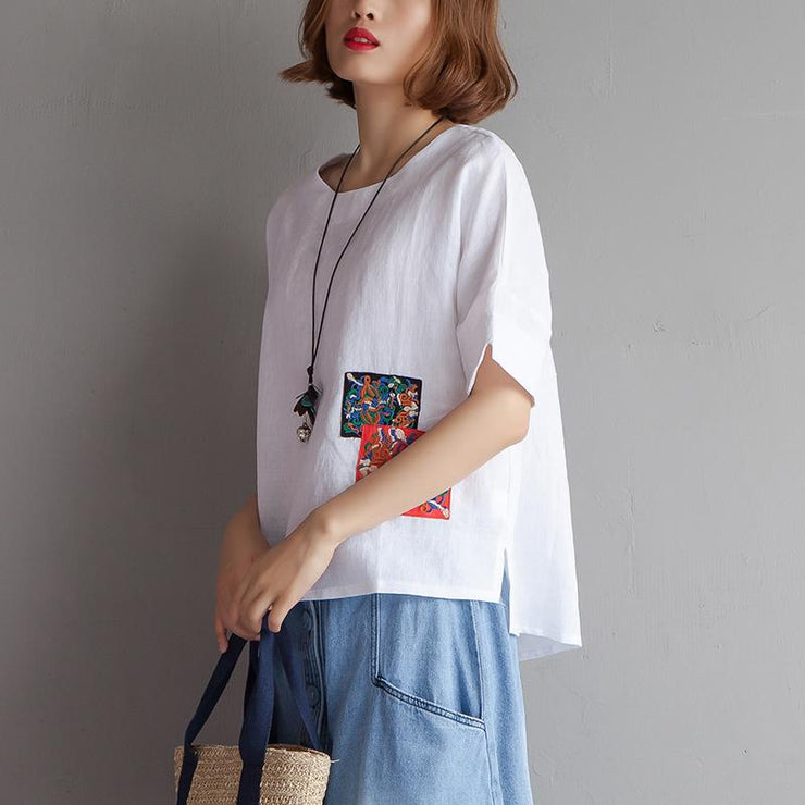 Elegant pure cotton linen tops plus size Embroidery High-low Hem Summer Short Sleeve White Blouse