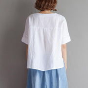 Elegante, reine Baumwoll-Leinen-Tops plus Größe Stickerei High-Low-Saum Sommer Kurzarm weiße Bluse